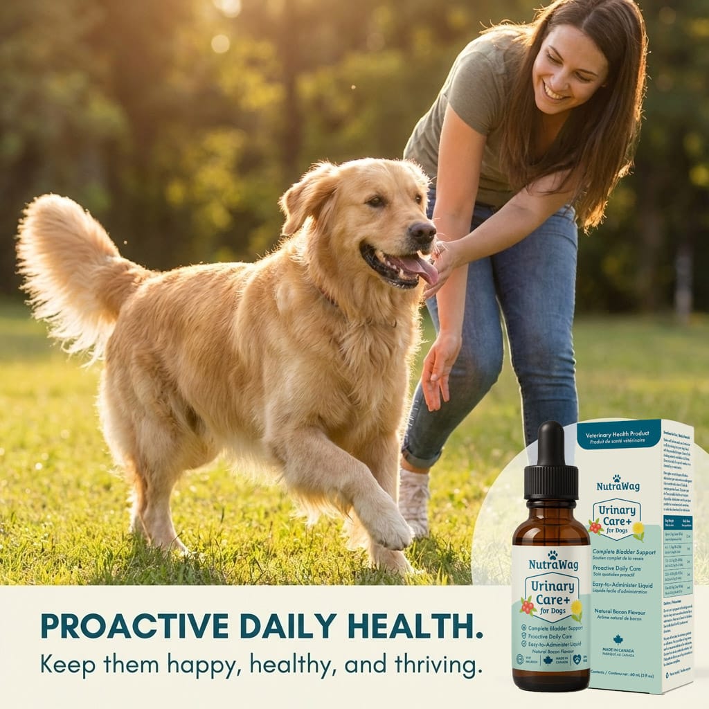 Golden Retriever playing with owner in a sunny field, displayed next to NutraWag Urinary Care+ supplement bottle and box. Text overlay: Proactive Daily Health. Keep them happy, healthy, and thriving.